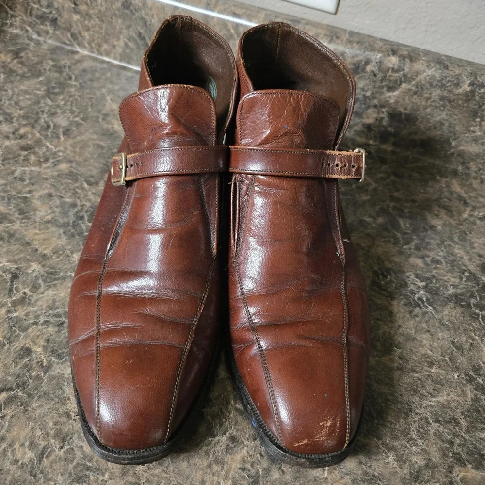 Mens Leather Florsheim Brown Monk Strap Ankle Boots, Size US 8.5 D